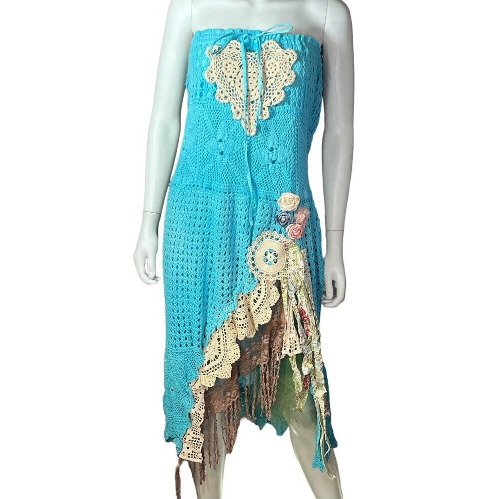 Upcycled vtg crochet dress/skirt embellished hand dyed tea dyed lace sz‎ M blue